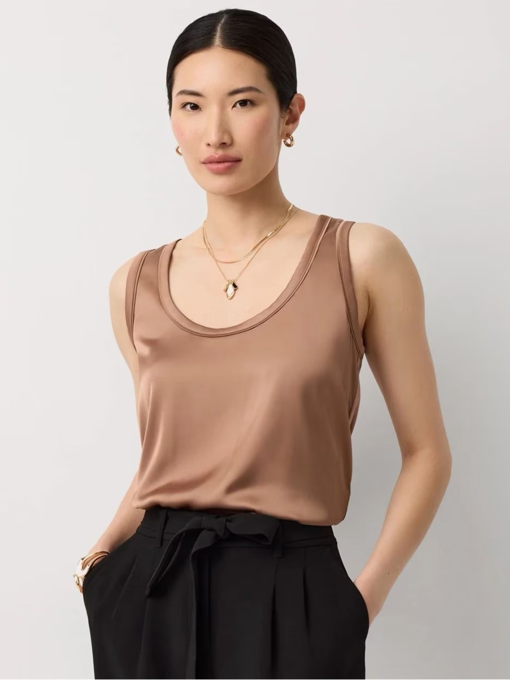 White House Black Market Satin Scoop Tank in Taupe Brown